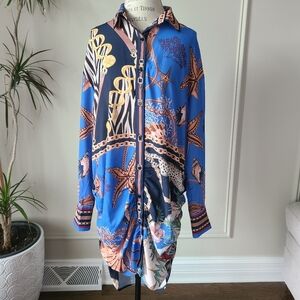 Her ..Bottari Blue Button-Up Shirt Dress Sz.L